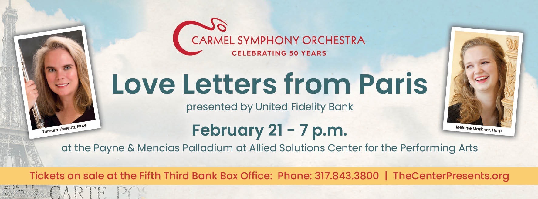 Banner head for Love Letters from Paris with god bar at bottom with ticket purchasing information