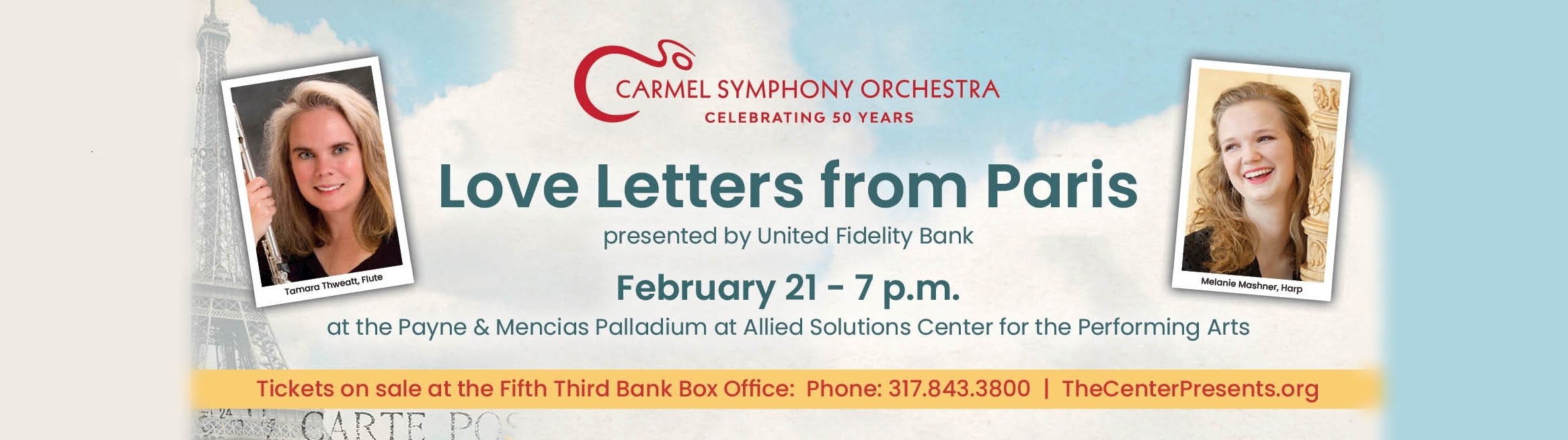 wide website banner for home page with Love Letters show featured and ticket info at the bottom in a gold bar