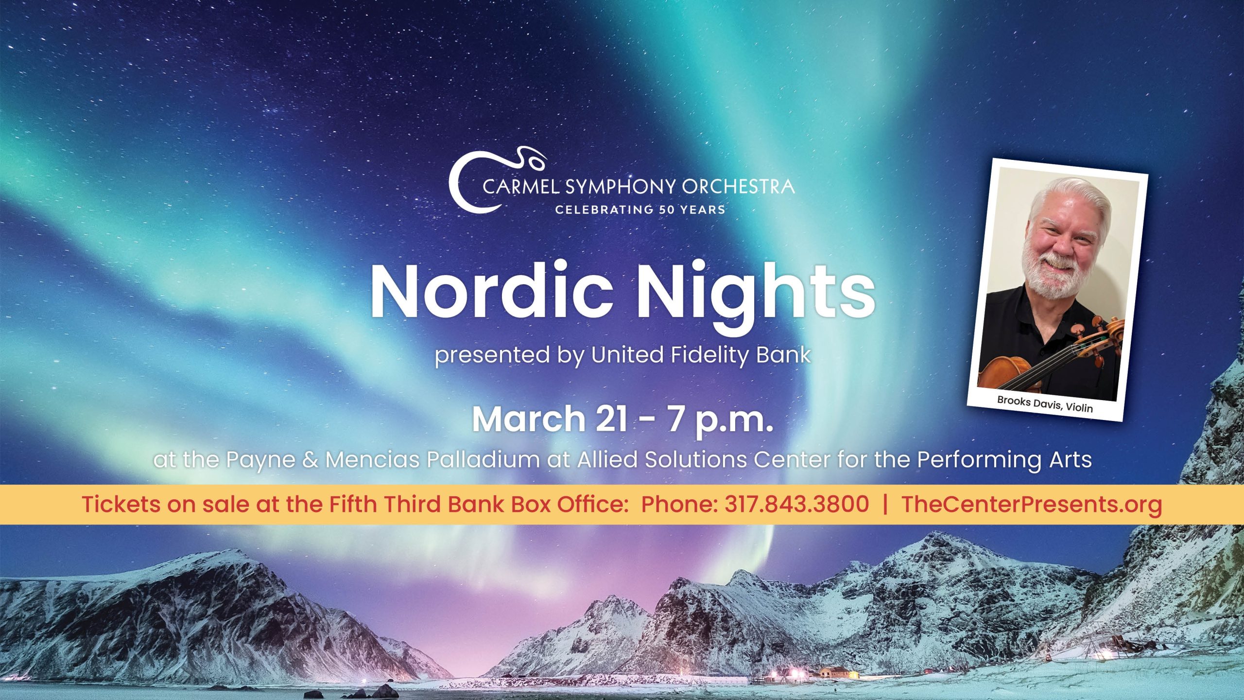 Nordic Nights concert promo with text across bacground of Aurora Borealis