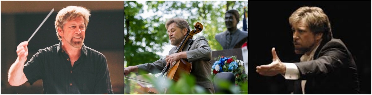 Collage of David Comanday images including conducting in a rehearsal, playing cello and conducting in a tux at a concert