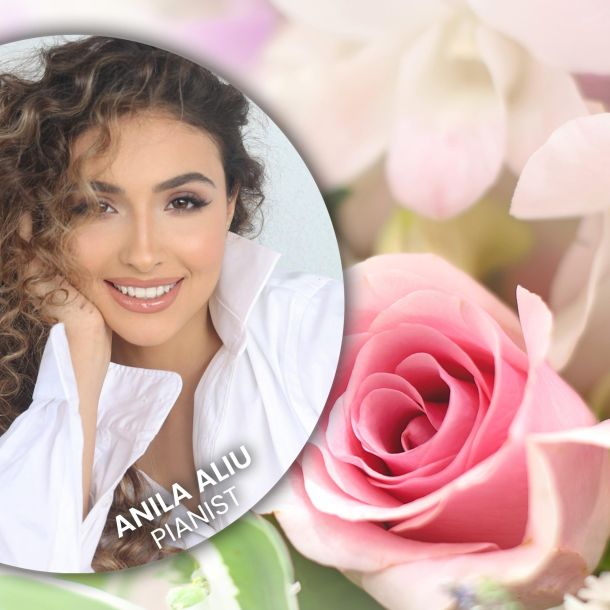 Roses in pastel colors for Hearts concert with inset photo of Anila Aliu in square size