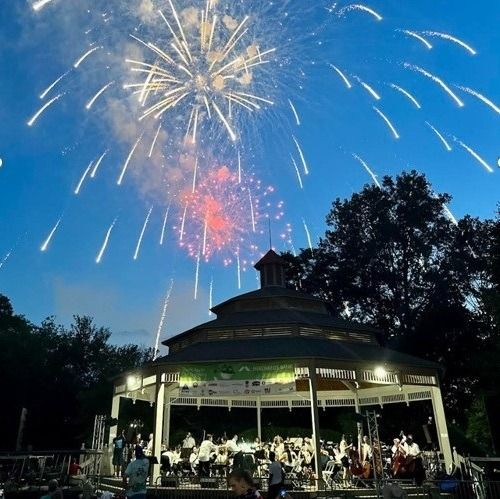 Fireworks over the Gazebo at Civic Square with Carmel Symphony Orchestra performing at CarmelFest 4th of July Celebration